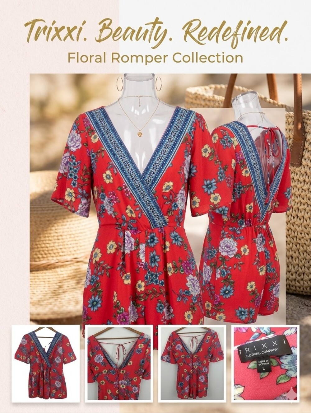 Trixxi Red Floral Bohemian Boho Romper Shorts Shirt Bodysuit Top